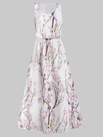 Floral Print Elastic Waist Sleeveless Maxi Dress