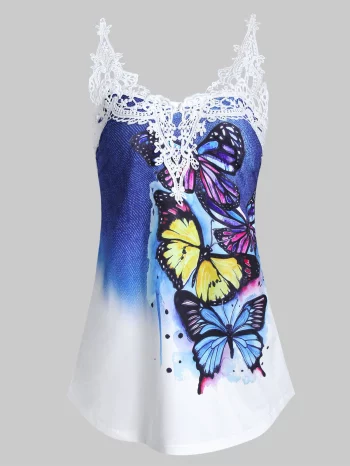 Butterfly Print Contrast Lace Panel Tank Top